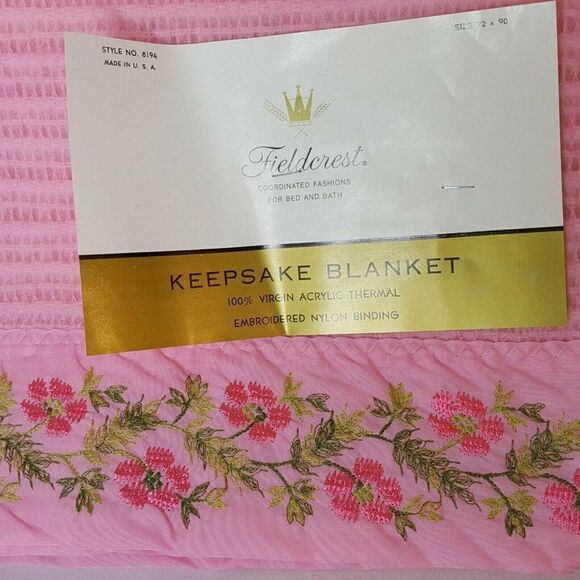NEW Vintage Fieldcrest Waffle Weave Blanket Twin Pink Embroidered Flowers - Picture 2 of 4